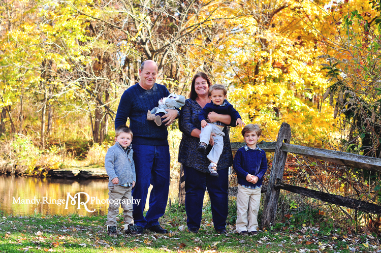 Fall extended family portraits // fall trees, water, wooden fence // Delnor Woods Park - St. Charles, IL // by Mandy Ringe Photography