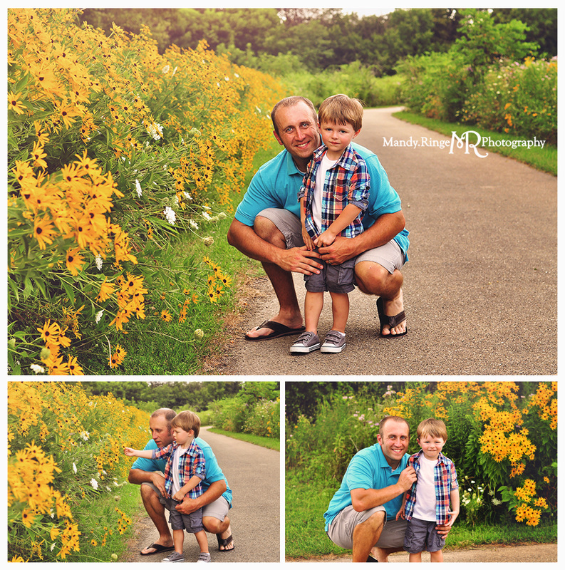 Father and Son Portraits // Shades of blue, daddy and me, outdoor, daisies, wildflowers, black eyed susans // Leroy Oakes - St Charles, IL // by Mandy Ringe Photography