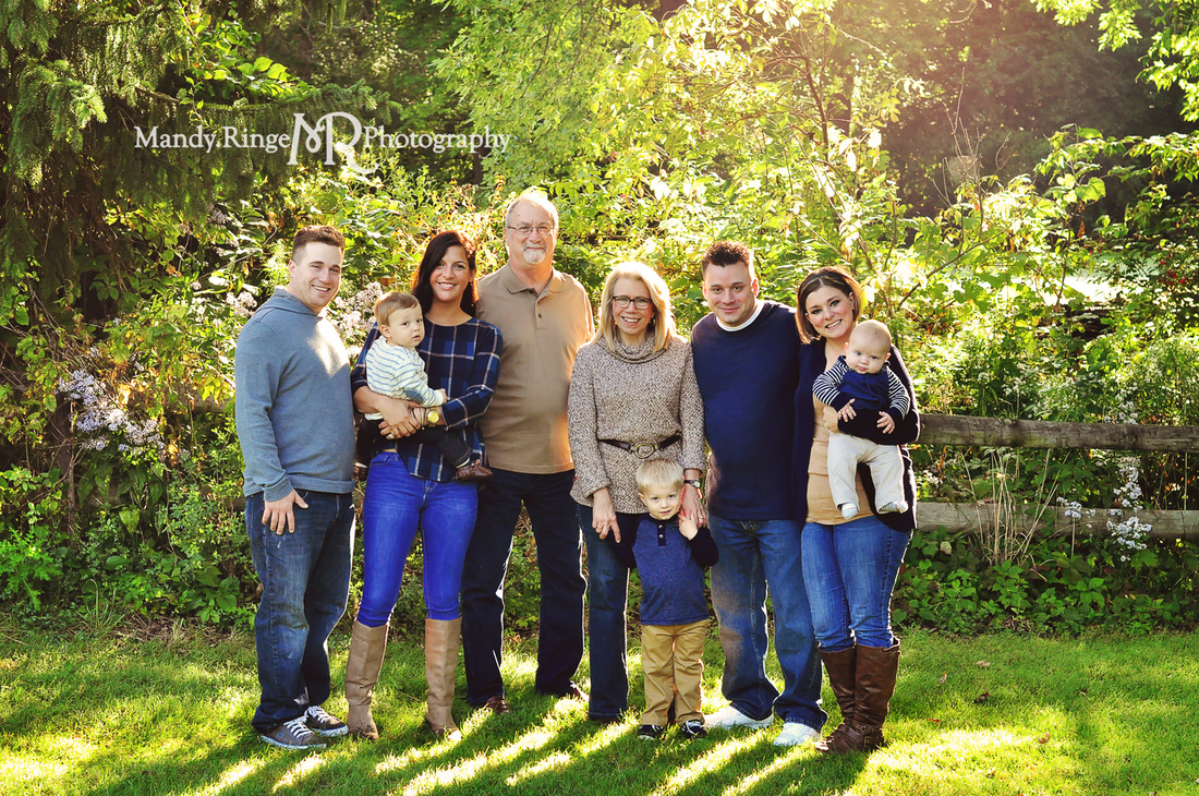 Extended family portraits // outdoors, end of summer, navy blue, tan, gray // Delnor Woods - St. Charles, IL // by Mandy Ringe Photography