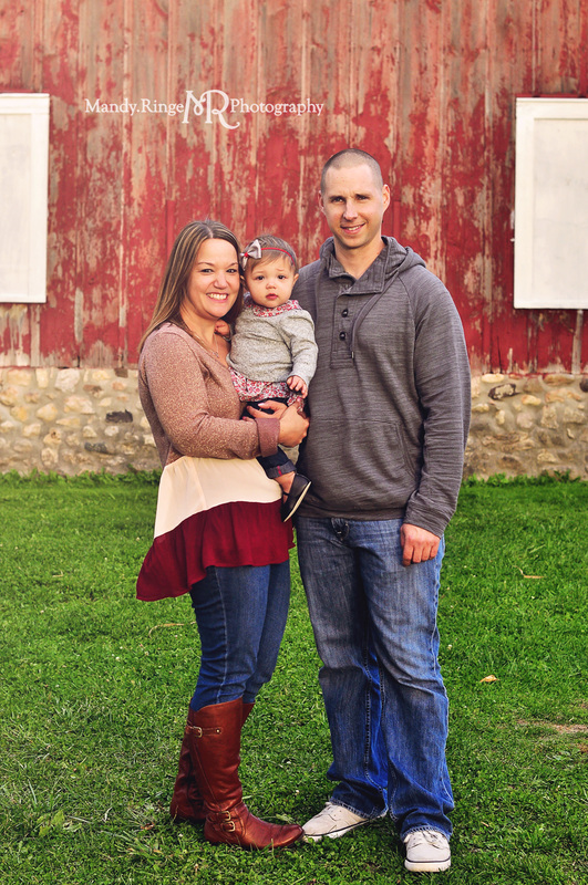First birthday family portraits // Red and white barn, rustic, fall portrait // Leroy Oakes Forest Preserve - St. Charles IL // by Mandy Ringe Photography