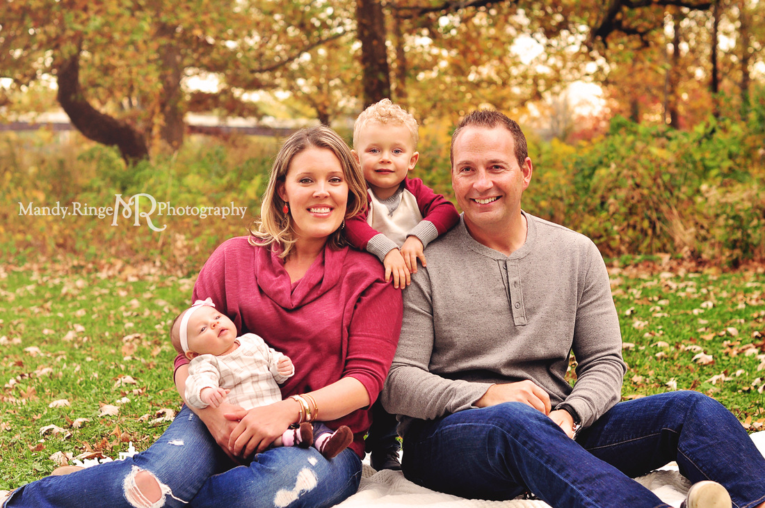 Fall family mini session // Fall foliage, family of four, new baby // Fabyan Forest Preserve - Geneva, IL // by Mandy Ringe Photography