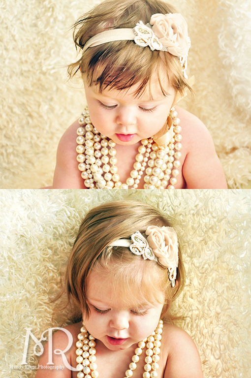 6 month old vs. 12 month old comparison portrait with pearls and ivory flower headband // by Mandy Ringe Photography