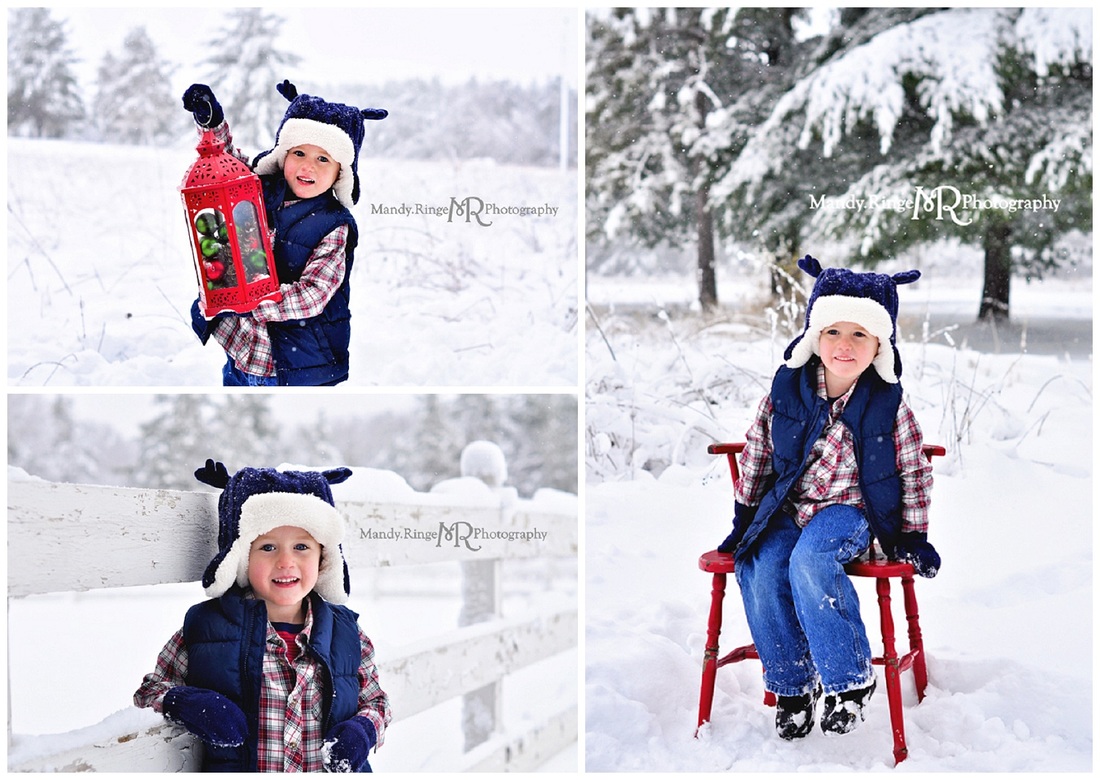 Hot cocoa stand styled mini session // snow, christmas lantern, white fence, red chair, pine trees // Leroy Oakes - St Charles, IL // by Mandy Ringe Photography