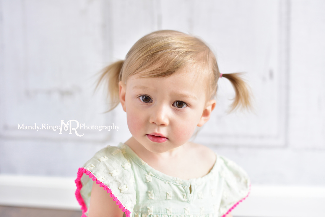 Toddler girl's second birthday portraits // Mint and hot pink, two years old // client home - traveling studio // by Mandy Ringe Photography