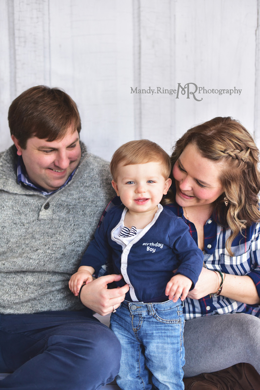 Boy's first birthday family portraits // Navy blue and white, bow tie, Little Gentleman theme, mustaches // Traveling studio session at client's home - South Elgin, IL // by Mandy Ringe Photography