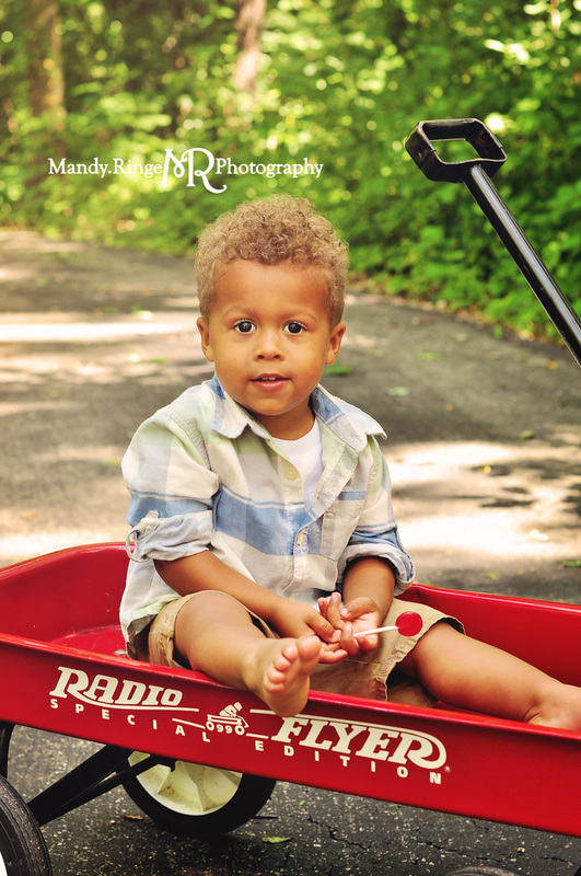 Second birthday portraits // outdoors, Radio Flyer wagon // Delnor Woods Park - St. Charles, IL // by Mandy Ringe Photography