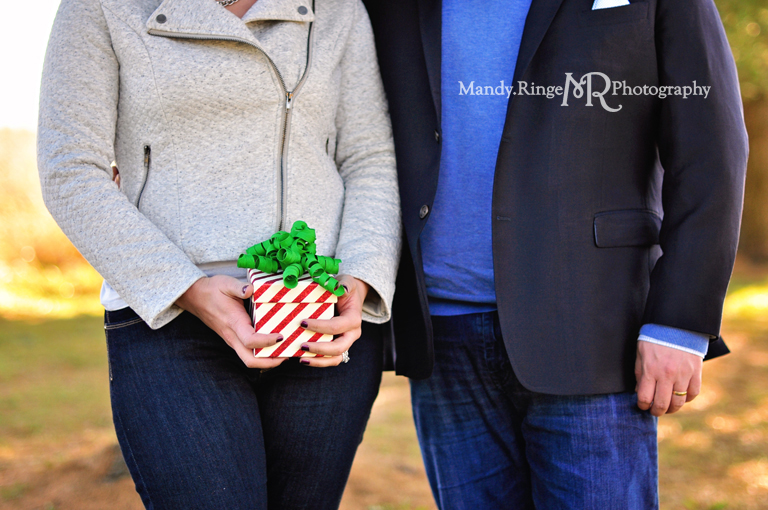 Christmas portrait - pregnancy announcement mini session // sunny day, open field, pine trees // St Charles, IL // by Mandy Ringe Photography