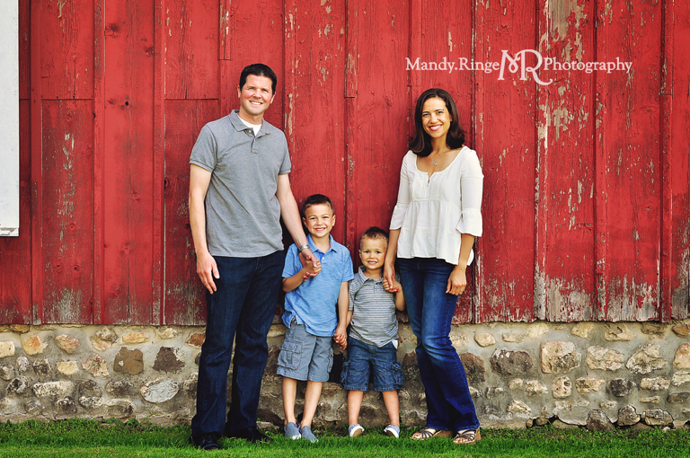 Family portrait session // Red and white barn door // Leroy Oakes Forest Preserve - St. Charles, IL // by Mandy Ringe Photography