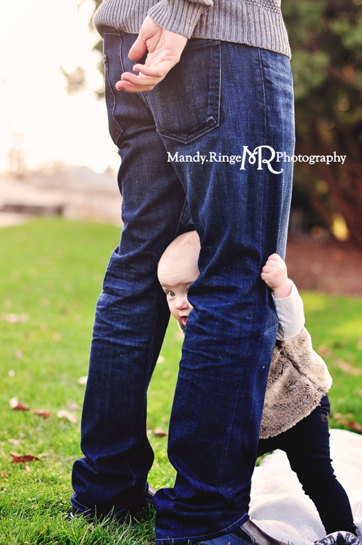 9 month milestone portraits, with daddy // Outdoors, fur vest // Hurley Gardens - Wheaton, IL // by Mandy Ringe Photography