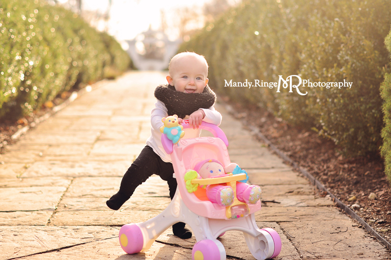 9 month milestone portraits // Outdoors, fur vest, walking toy // Hurley Gardens - Wheaton, IL // by Mandy Ringe Photography