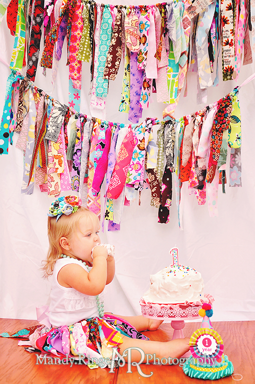 Baby girl's first birthday smash cake session. Rag garland and rag tutu // by Mandy Ringe Photography