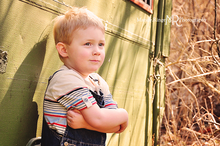Cousins photo shoot // Boys, rustic green trailer and woods, overalls // Camden, OH // by Mandy Ringe Photography