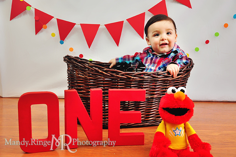 Boy's first birthday photo shoot // Sitting in a basket // Red pennant banners, multicolor dot garland, basket, ONE letters, Elmo doll // by Mandy Ringe Photography