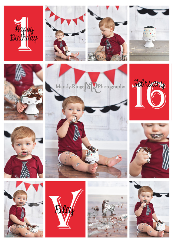 Boy's first birthday smash cake session // Little Gentleman, gray, blue, shabby gray stool, pennant banner, mustaches, photo collage // Traveling studio session at client's home - South Elgin, IL // by Mandy Ringe Photography