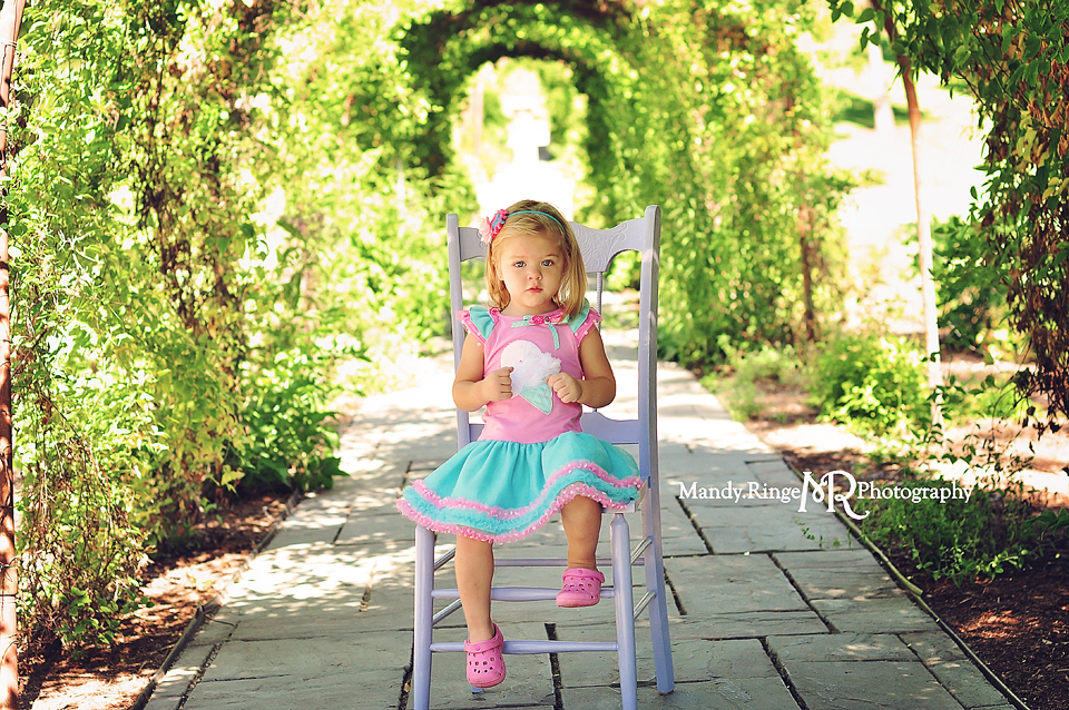 Second birthday portraits // icecream cone dress, pink and blue, purple chair // Fabyan Forest Preserve - Batavia, IL // by Mandy Ringe Photography