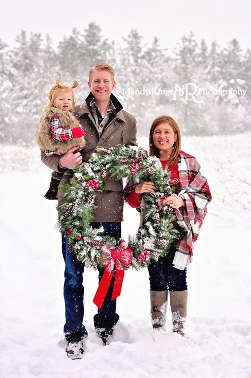 Hot cocoa stand styled mini session // snow, christmas wreath, plaid, fur, pine trees // Leroy Oakes - St Charles, IL // by Mandy Ringe Photography
