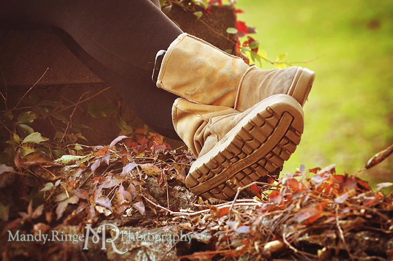 Close up of teen girl's shoes resting on a stone wall covered in Virginia creeper vines // Senior Photos // Fabyan Forest Preserve - Batavia, IL // by Mandy Ringe Photography