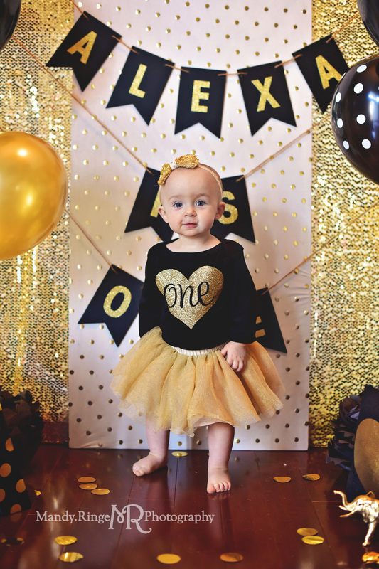 Black and gold first birthday portraits // one year old girl, sequins, glitter, bling, glam, safari, gold animals, polka dots // St. Charles, IL // by Mandy Ringe Photography