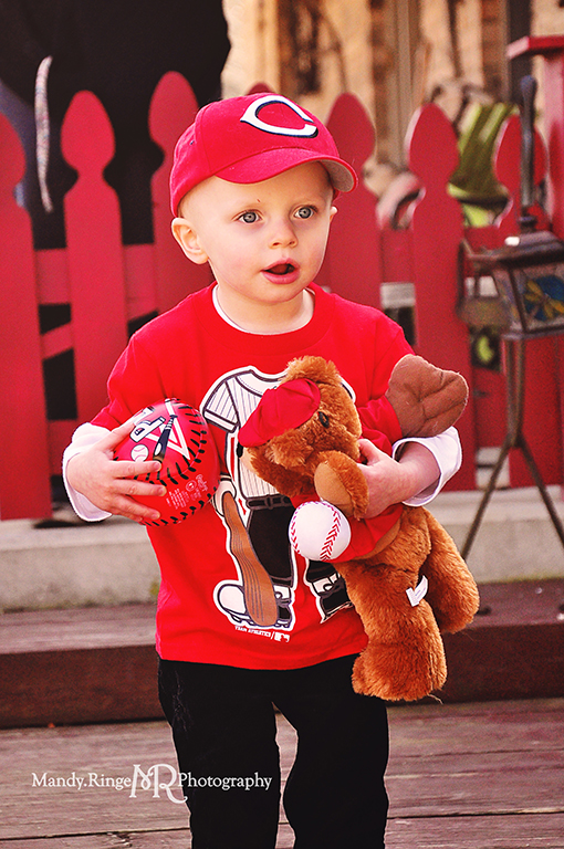 Toddler boy photo shoot // Cincinnati Reds baseball shirt and bear, sports  // Camden, OH // by Mandy Ringe Photography