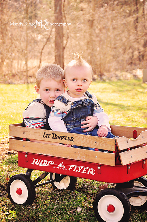 Cousins photo shoot // Boys, radio flyer wagon, overalls // Camden, OH // by Mandy Ringe Photography