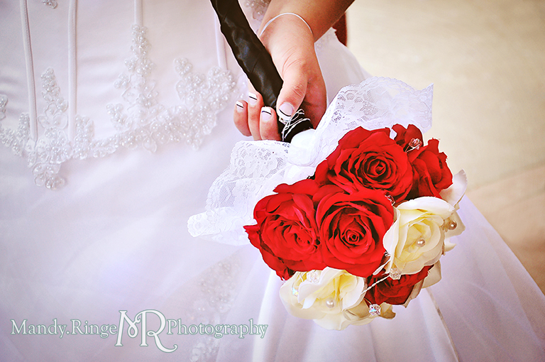 Bride's bouquet shot - black, white and red wedding // Wedding Photography // Lincoln Inn Banquets - Batavia, IL // by Mandy Ringe Photography 