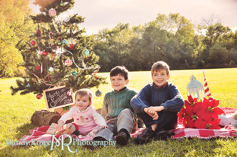 Outdoor family photo sitting on a blanket with a Christmas tree // Christmas mini session // Delnor Woods - St Charles, IL // by Mandy Ringe Photography