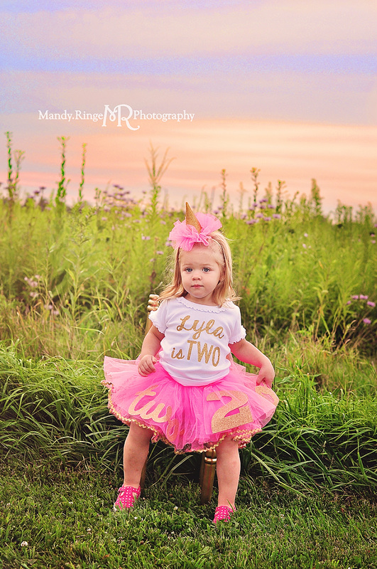Second birthday portraits // Pink and gold, tutu with 2s, custom shirt, party hat, gold chair, sunset session // Dick Young Forest Preserve - Batavia, IL // by Mandy Ringe Photography