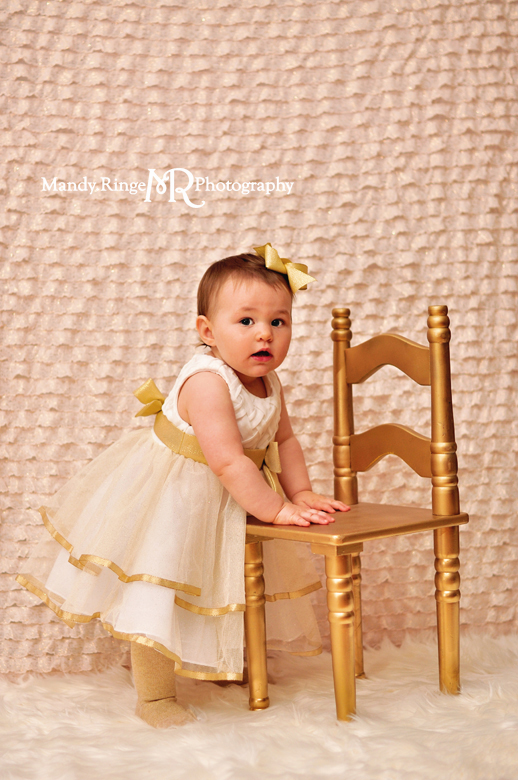 Baby girl's first birthday portraits // Blush and gold, ruffle fabric, white fur, gold chair // St Charles, IL // by Mandy Ringe Photography