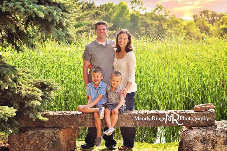 Family portrait session // Stone bench in front of a pond // Leroy Oakes Forest Preserve - St. Charles, IL // by Mandy Ringe Photography