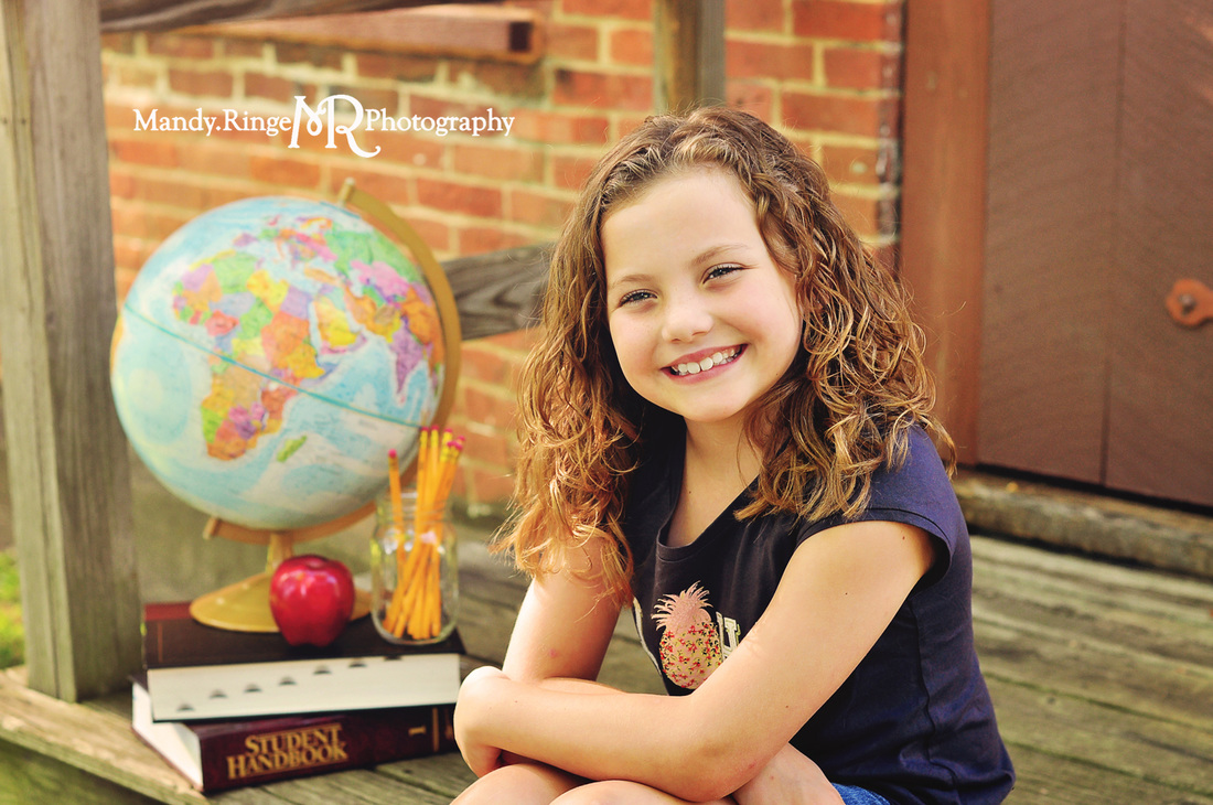 Back to School mini session // brick wall, wooden stairs, globe, school books, apple, pencils // Leroy Oakes Forest Preserve - St. Charles, IL // by Mandy Ringe Photography