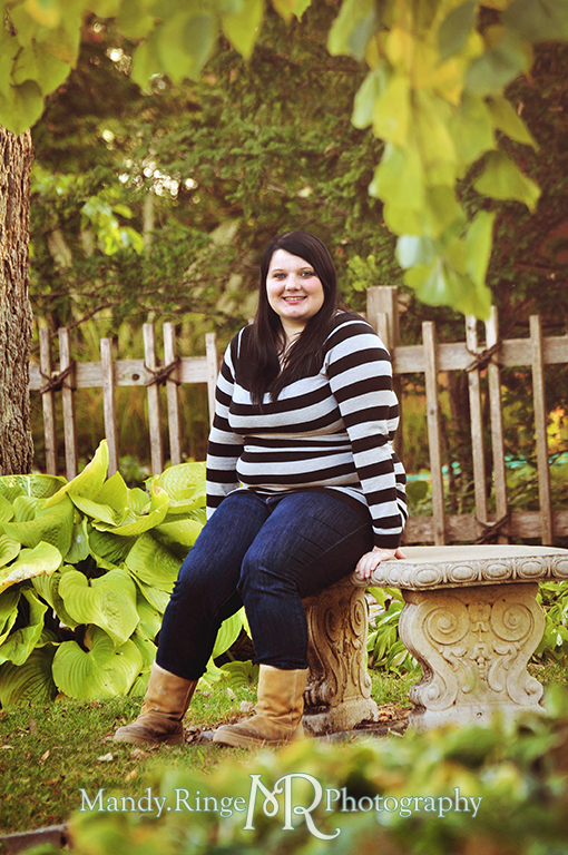 Teen girl sitting on a stone bench // Senior Photos // Fabyan Forest Preserve - Batavia, IL // by Mandy Ringe Photography