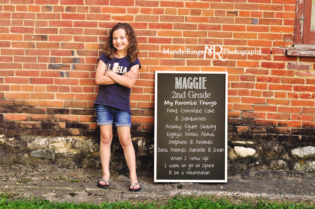 Back to School mini session // brick wall, chalkboard infographic // Leroy Oakes Forest Preserve - St. Charles, IL // by Mandy Ringe Photography