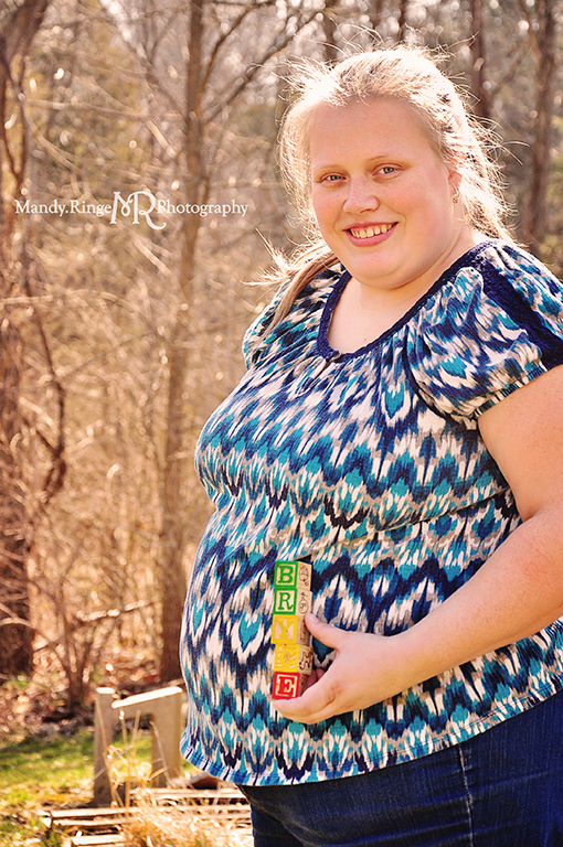 Maternity photo shoot // Boys, baby number two, mother and son, holding blocks that spell baby's name // Camden, OH // by Mandy Ringe Photography