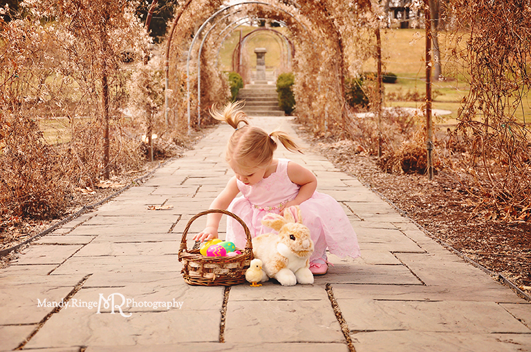 Outdoor Easter portrait session // Bunny rabbit, Easter basket, eggs, chick // Fabyan Forest Preserve // by Mandy Ringe Photography