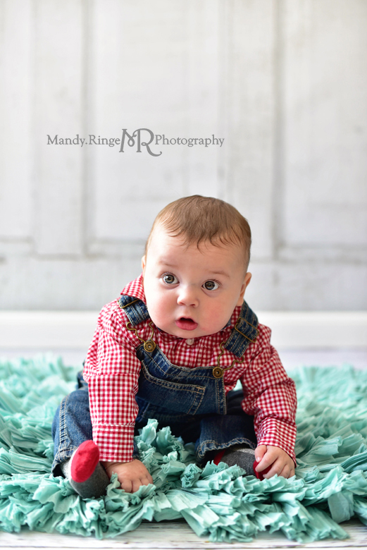 5 month old boy photo shoot // Denim overalls, red and white checkered shirt, vintage backdrop // Client's home - Winfield, IL // by Mandy Ringe Photography