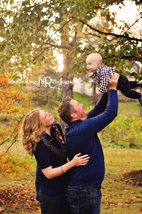 Fall family portraits // Fall foliage, orange maple leaves // Mount St. Mary's Park - St. Charles, IL // by Mandy Ringe Photography