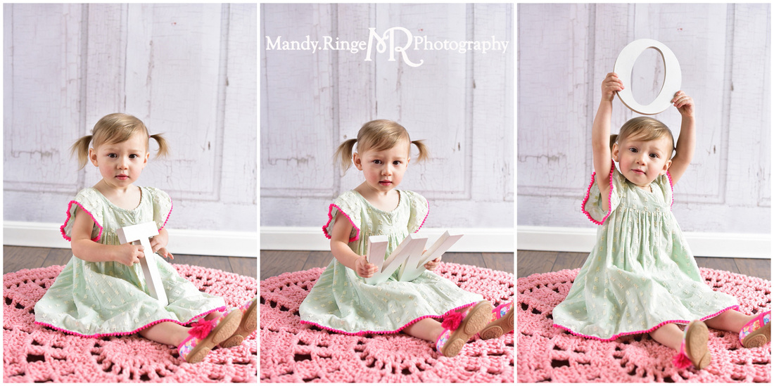 Toddler girl's second birthday portraits // Mint and hot pink, pink crochet afghan, TWO letters, two years old // client home - traveling studio // by Mandy Ringe Photography