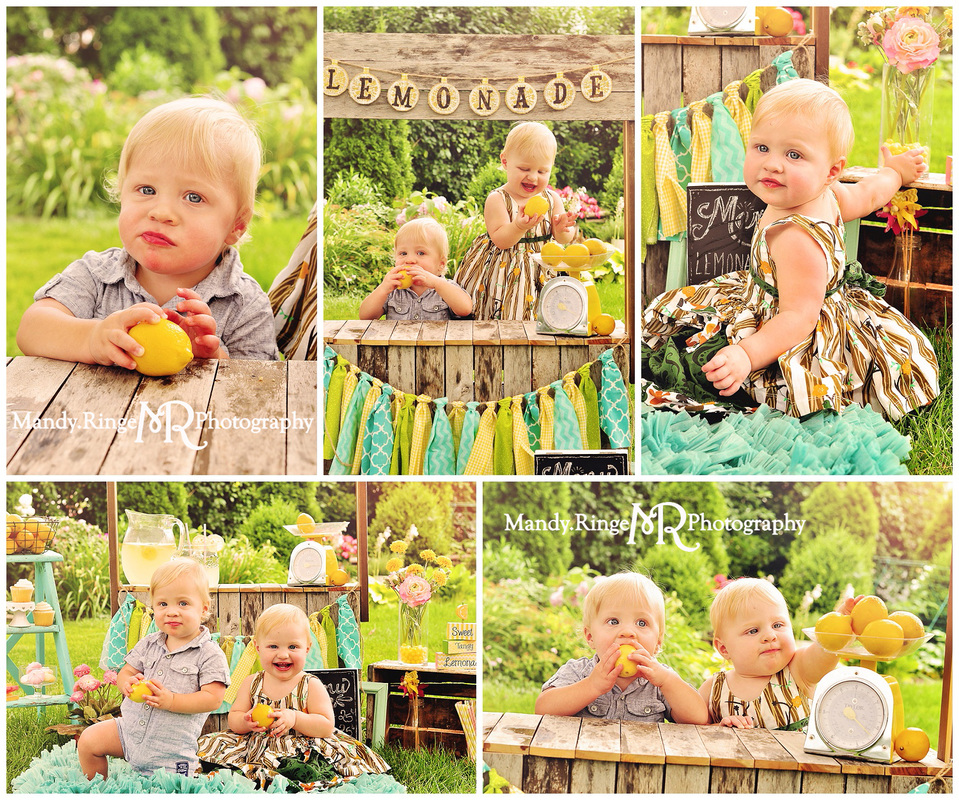 Lemonade stand styled mini session // wooden stand, lemons, yellow, teal, chalkboard, scale, rag garland, sweets // St. Charles, IL // by Mandy Ringe Photography