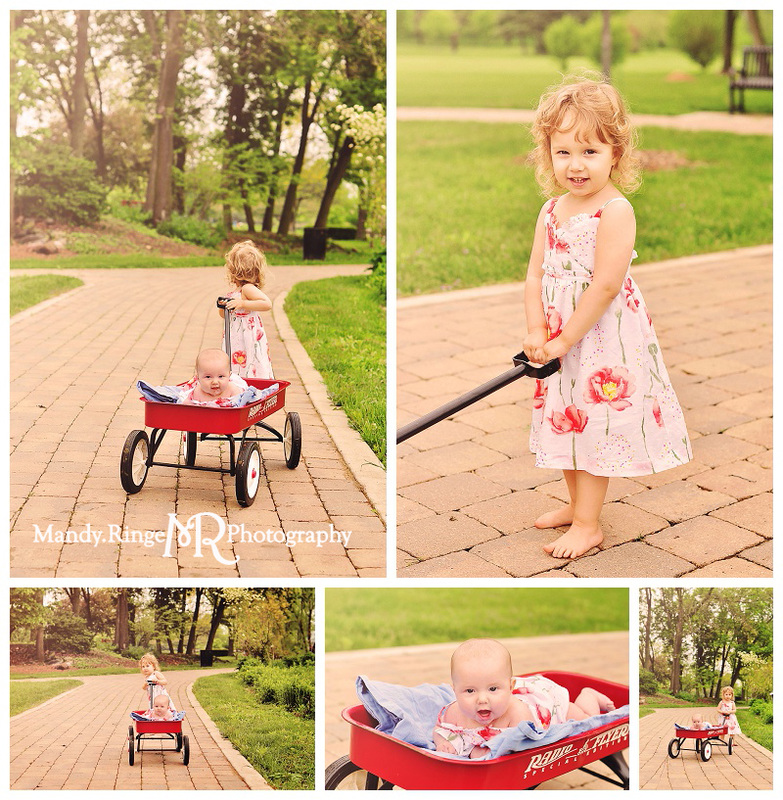 Sisters - sibling portraits // Spring session, Radio Flyer wagon on a brick path // Mt. St. Mary's Park - St. Charles, IL // by Mandy Ringe Photography