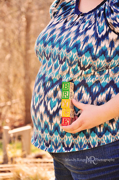 Maternity photo shoot // Boys, baby number two, mother and son, holding blocks that spell baby's name // Camden, OH // by Mandy Ringe Photography