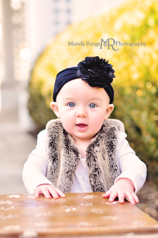 9 month milestone portraits // Outdoors, white fur, fur vest // Hurley Gardens - Wheaton, IL // by Mandy Ringe Photography