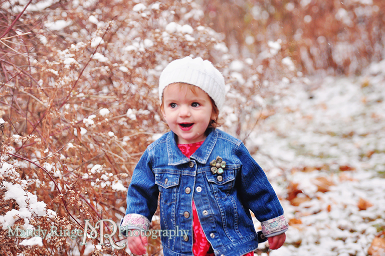Outdoor winter photo of young girl walking on a snowy path // Rustic setting // Ferson Creek Fen - St Charles, IL // by Mandy Ringe Photography