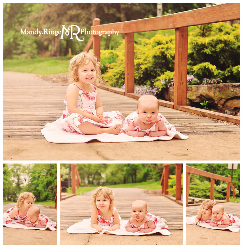 Sisters - sibling portraits // Spring session, sitting on a wooden bridge // Mt. St. Mary's Park - St. Charles, IL // by Mandy Ringe Photography