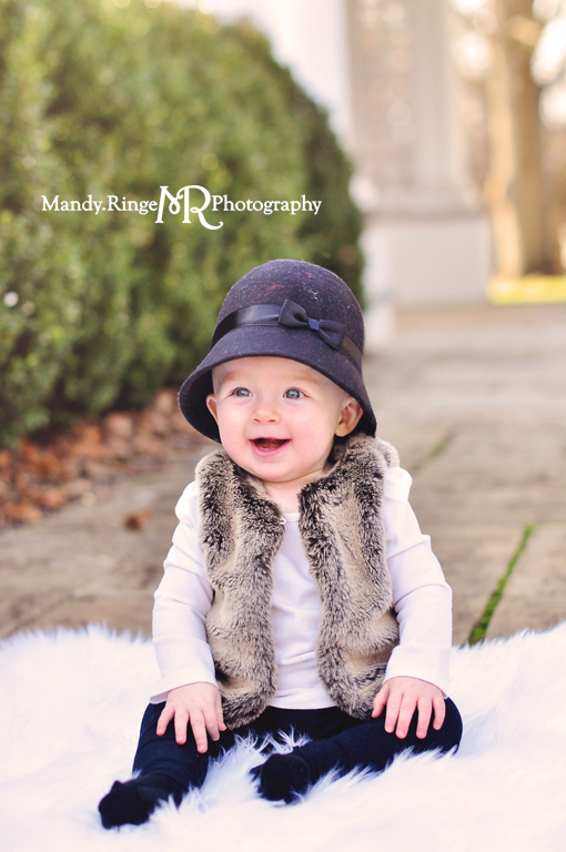 9 month milestone portraits // Outdoors, white fur, fur vest // Hurley Gardens - Wheaton, IL // by Mandy Ringe Photography