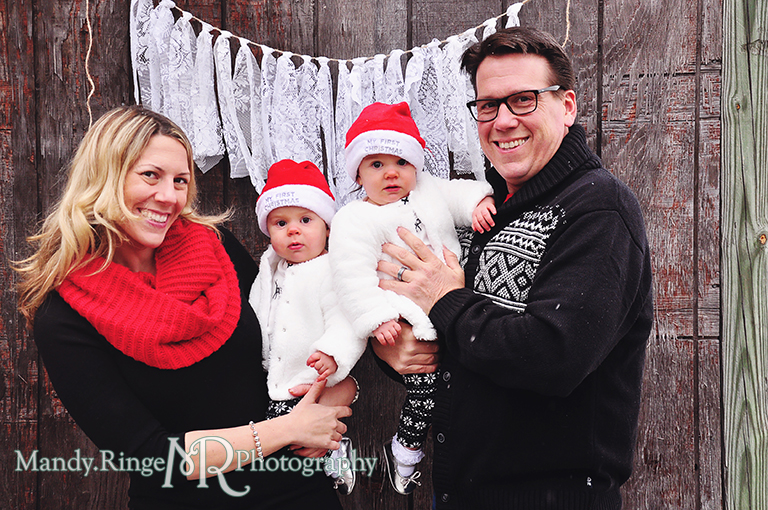 Outdoor winter family photo with twins // Dark wood background, lace rag banner, santa hats // Ferson Creek Fen - St Charles, IL // by Mandy Ringe Photography