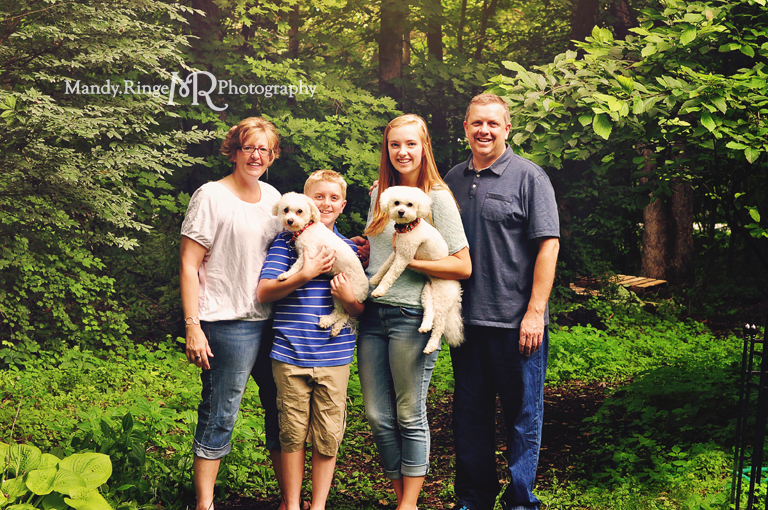 At-home family portrait session // Outdoors in a green, wooded area // St Charles, IL // by Mandy Ringe Photography