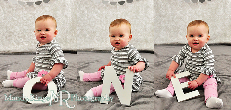 Baby girl's first birthday photo shoot with letters spelling out ONE // Pink, gray and white birthday // by Mandy Ringe Photography