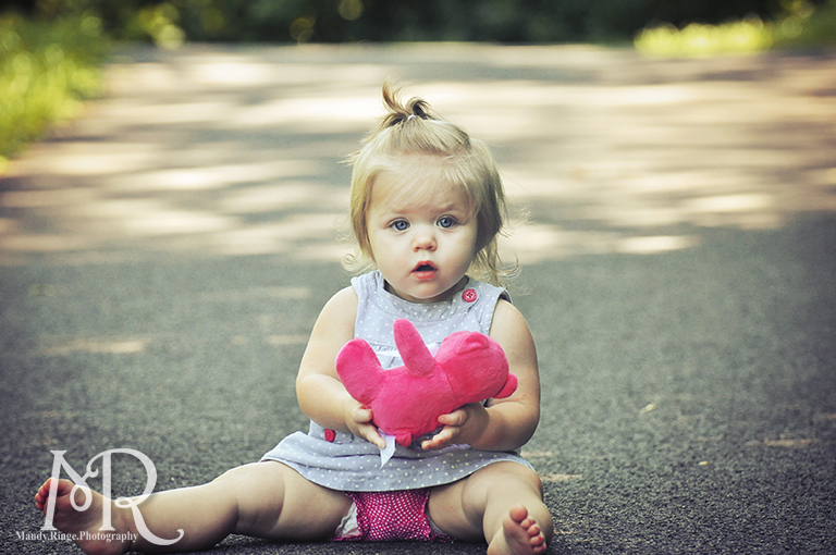 Baby girl, first birthday photos with stuffed bear // Jon J. Duerr Forest Preserve // by Mandy Ringe Photography