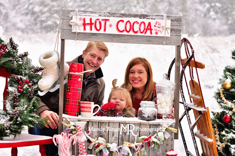 Hot cocoa stand styled mini session // wooden stand, Christmas tree, wreath, snow, pine trees, chairs, plaid thermos // Leroy Oakes - St Charles, IL // by Mandy Ringe Photography