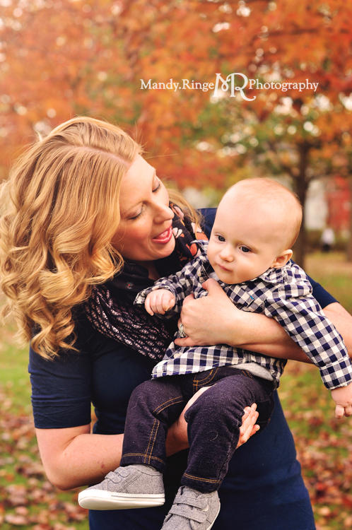 Fall family portraits // Fall foliage, orange maple leaves // Mount St. Mary's Park - St. Charles, IL // by Mandy Ringe Photography